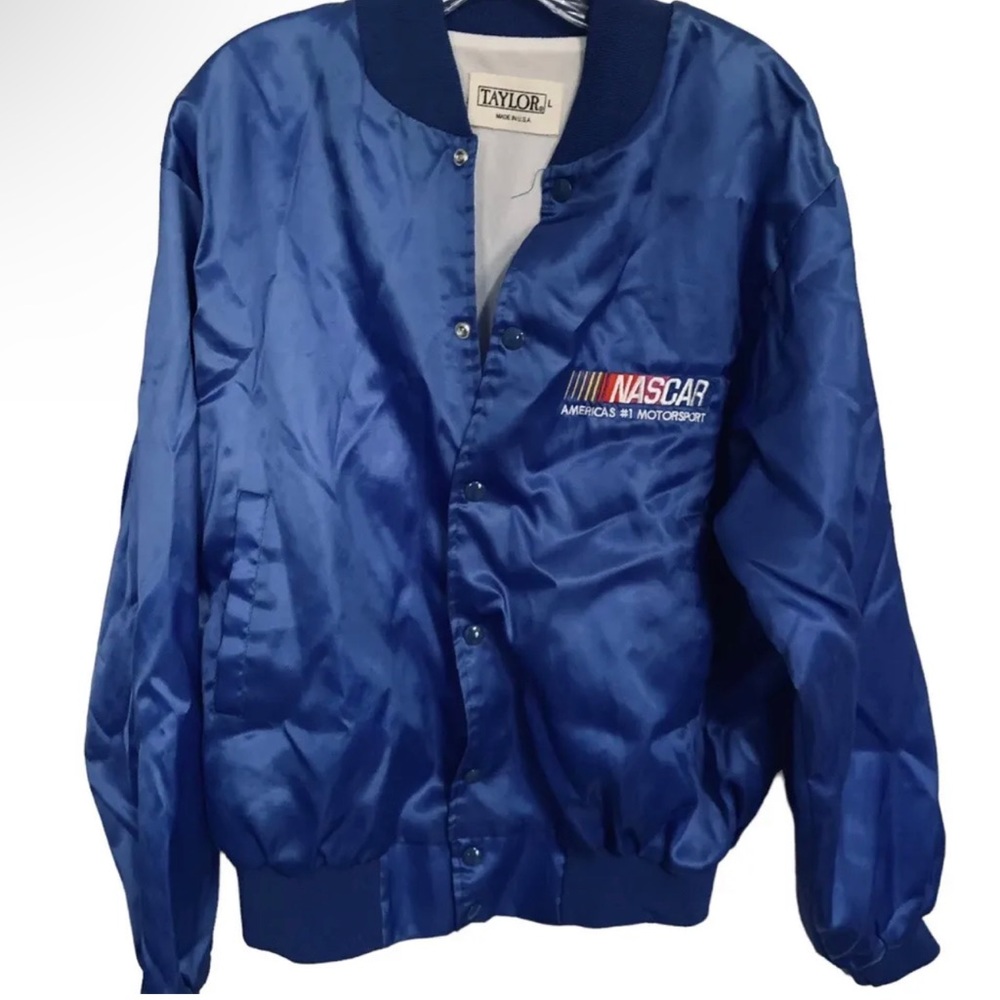 NASCAR Racing Men's Bomber Jacket Nylon Size L Blue Snap Front By Taylor
